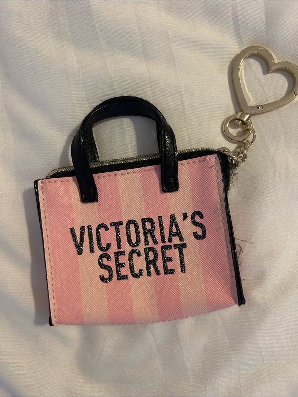 Victoria's Secret Pink Striped Mini Tote Keychain with Gold Heart Ring
